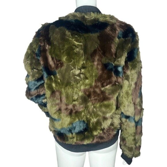 Anthro Marrakech Faux Fur Bomber Jacket Womens Small Multicolor Camo Patchwork - Picture 4 of 9